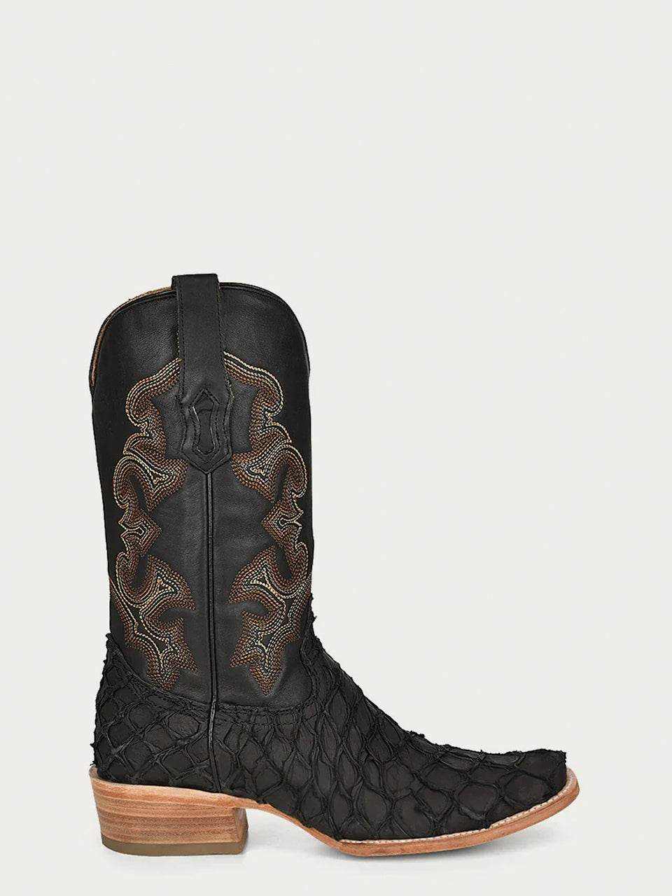 Men's Corral Black Genuine Pirarucu Fish Boots feature a textured black fish-leather foot, embroidered shaft and stacked heel