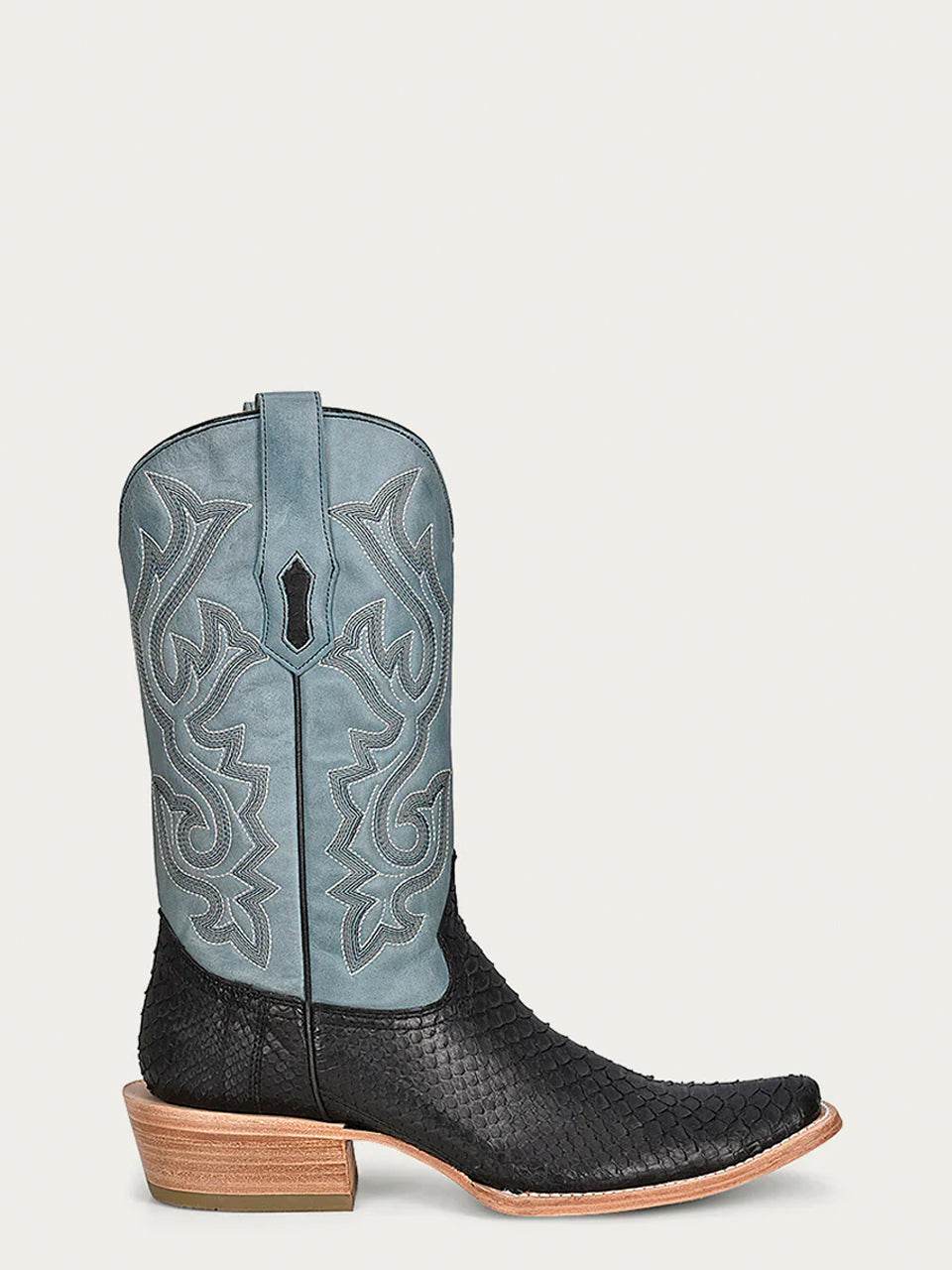 Men's Corral Black Genuine Python Boots with Embroidery featuring a black python leather vamp, night blue embroidered shaft, and narrow square toe
