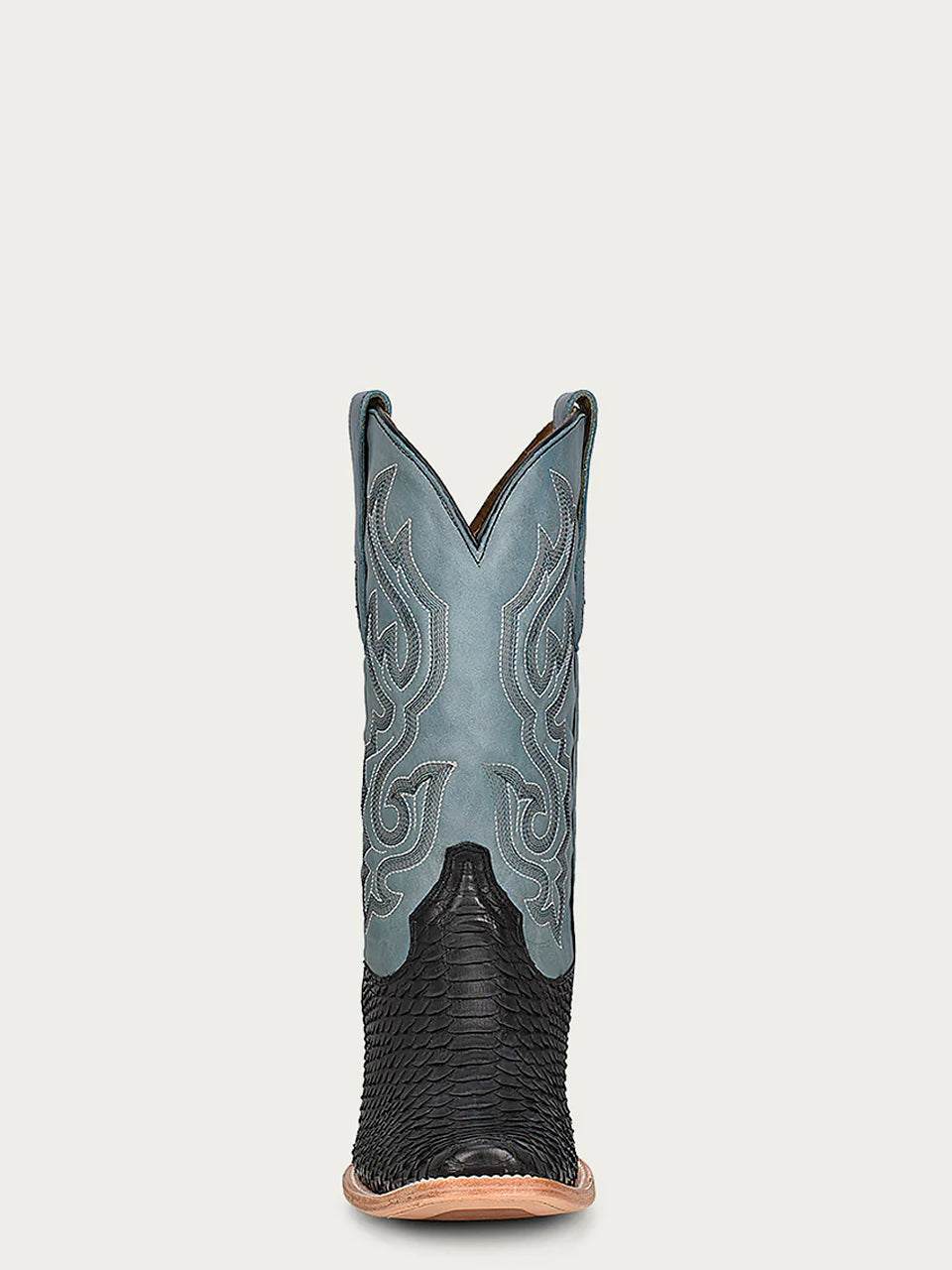 Men's Corral Black Genuine Python Boots with Embroidery featuring a black genuine python leather vamp and night blue shaft with intricate embroidery