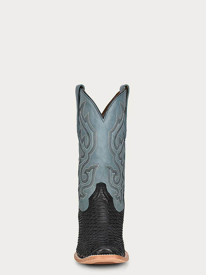 Men's Corral Black Genuine Python Boots with Embroidery featuring a black genuine python leather vamp and night blue shaft with intricate embroidery