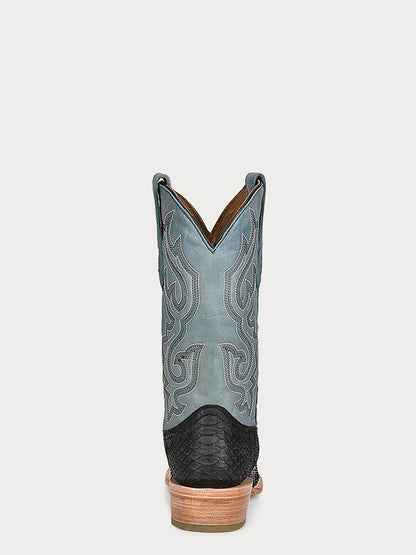 Men's Corral Black Genuine Python Boots with Embroidery featuring a black python leather vamp and night blue shaft with elaborate embroidery