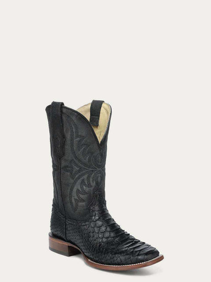 Men's Corral Black Genuine Python Boots with Embroidery featuring black python skin, Western embroidery, wide square toe, and leather sole