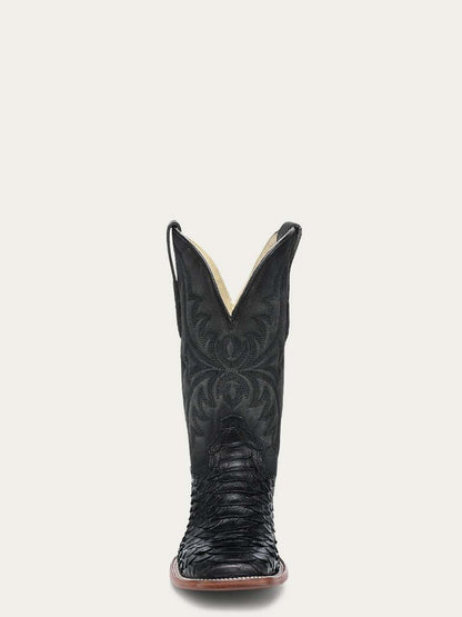 Men's Corral Black Genuine Python Boots with Embroidery featuring black python skin, Western embroidery, wide square toe, and pull-on straps