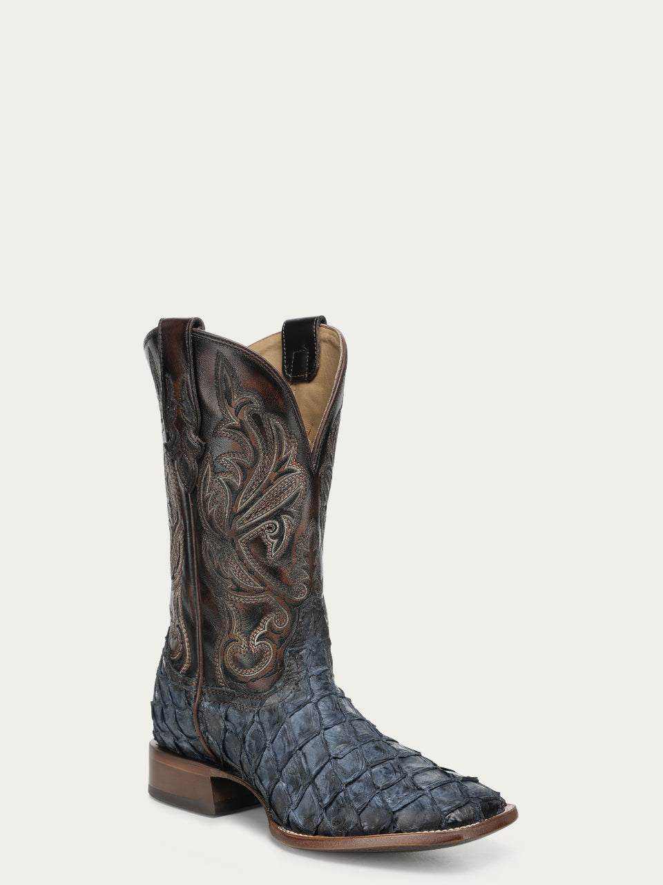 Men's Corral Blue Genuine Pirarucu Fish Boots with Embroidery featuring textured blue pirarucu fish leather foot, brown cowhide leather shaft, and classic embroidery