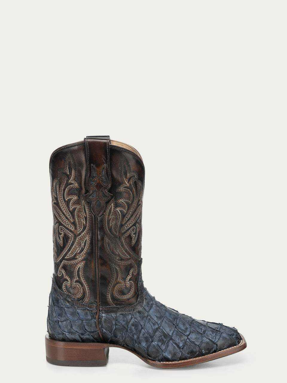 Men's Corral Blue Genuine Pirarucu Fish Boots with Embroidery featuring textured blue pirarucu fish leather foot and brown embroidered cowhide shaft