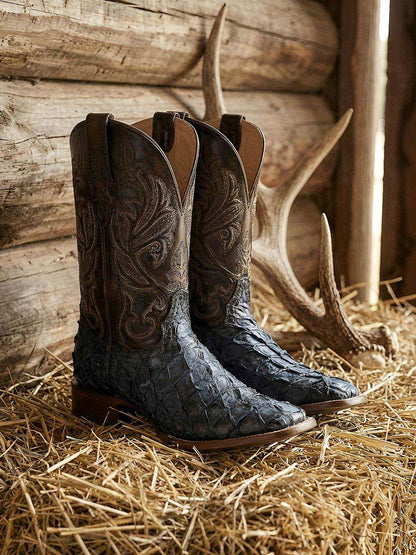 Men's Corral Blue Genuine Pirarucu Fish Boots with Embroidery featuring textured blue pirarucu leather and brown embroidered cowhide shaft with pull-on straps
