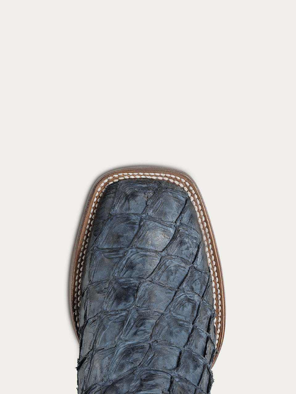 Men's Corral Blue Genuine Pirarucu Fish Boots with Embroidery featuring blue textured pirarucu fish leather wide square toe with brown stitching