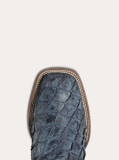 Men's Corral Blue Genuine Pirarucu Fish Boots with Embroidery featuring blue textured pirarucu fish leather wide square toe with brown stitching