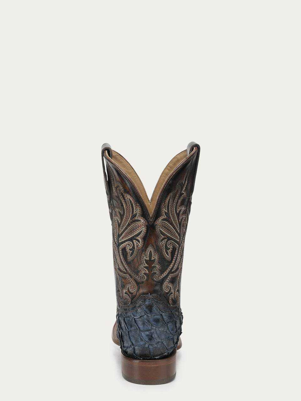 Men's Corral Blue Genuine Pirarucu Fish Boots with Embroidery featuring textured blue pirarucu fish leather heel, brown cowhide shaft with intricate embroidery