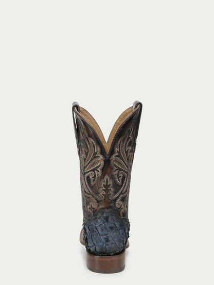 Men's Corral Blue Genuine Pirarucu Fish Boots with Embroidery featuring textured blue pirarucu fish leather heel, brown cowhide shaft with intricate embroidery
