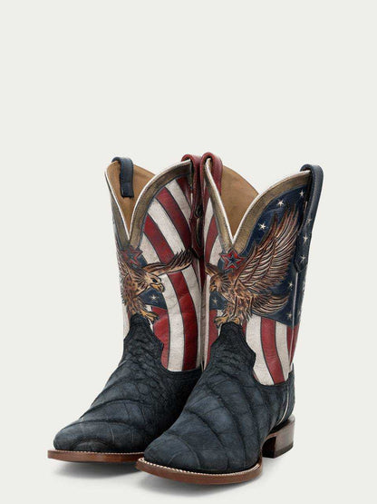 Men's Corral Boots with black genuine American alligator vamp and hand-tooled red, white, and blue patriotic eagle design on cowhide shaft