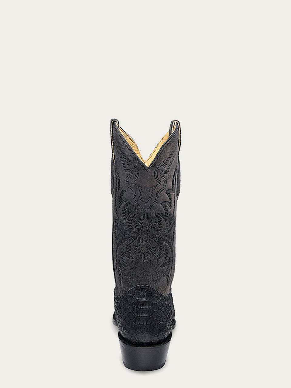 Men's Corral Boots in black genuine python with intricate Western embroidery and dual pull straps visible from the rear