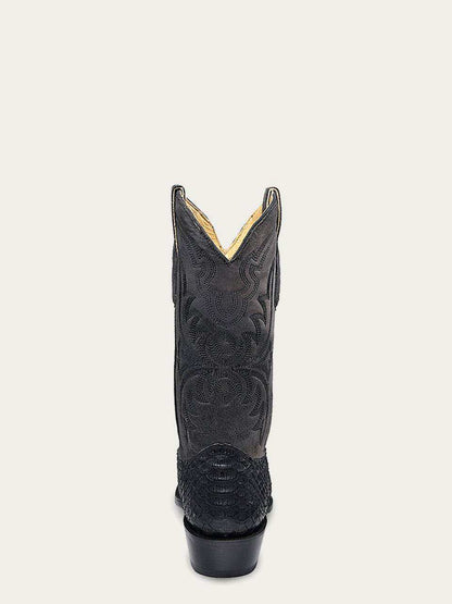 Men's Corral Boots in black genuine python with intricate Western embroidery and dual pull straps visible from the rear