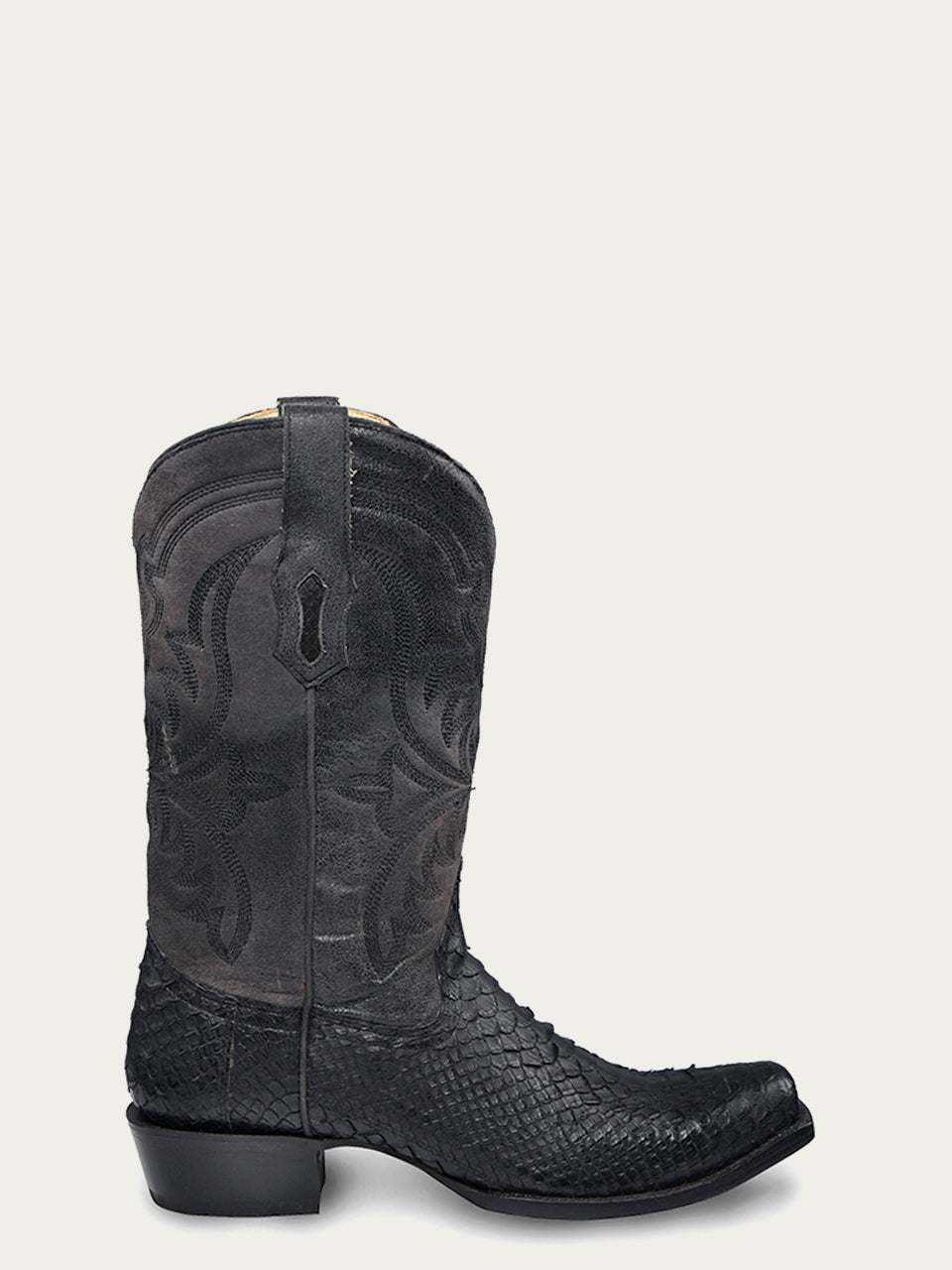 Men's Corral Boots in black genuine python leather with intricate Western embroidery on the 12-inch shaft and narrow square toe