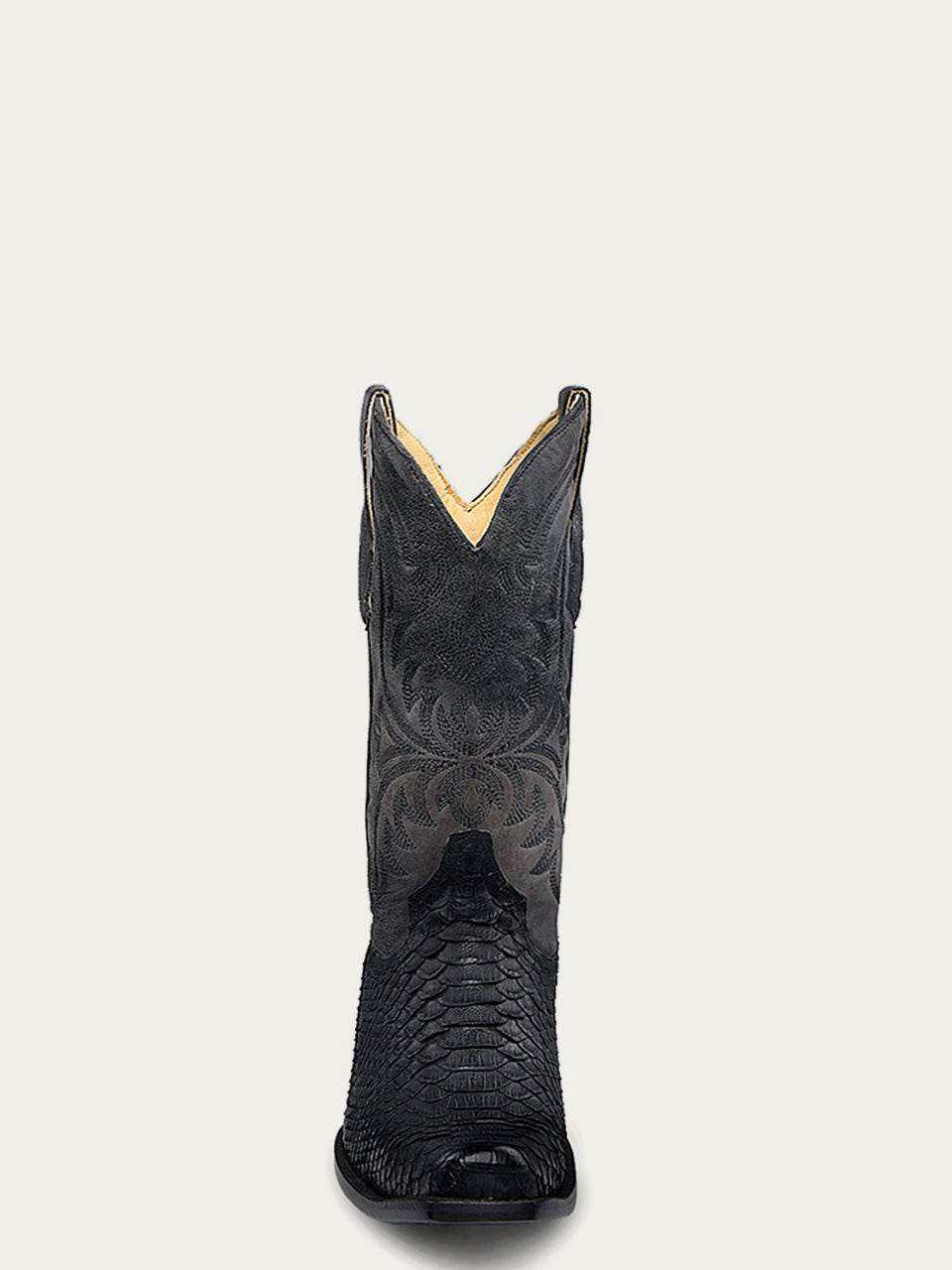 Men's Corral Boots in black genuine python leather with intricate Western embroidery and a narrow square toe