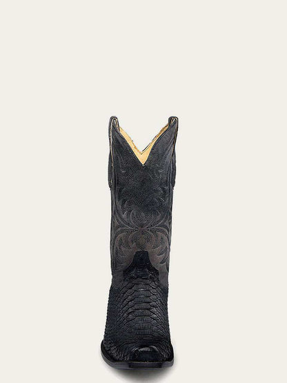 Men's Corral Boots in black genuine python leather with intricate Western embroidery and a narrow square toe