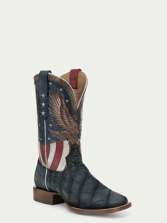 Men's Corral Boots in blue genuine American alligator with detailed American flag and eagle hand-tooled cowhide shaft
