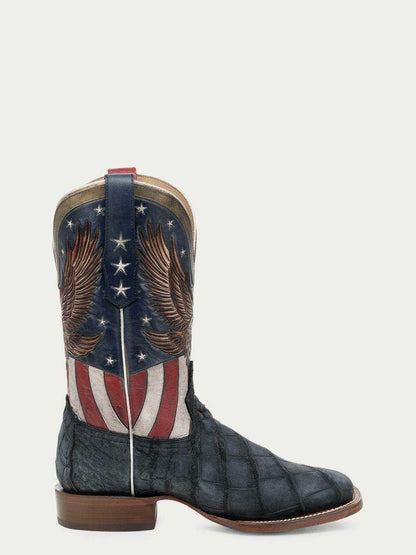 Men's Corral Boots in blue with genuine American alligator vamp and hand-tooled, hand-painted patriotic cowhide shaft