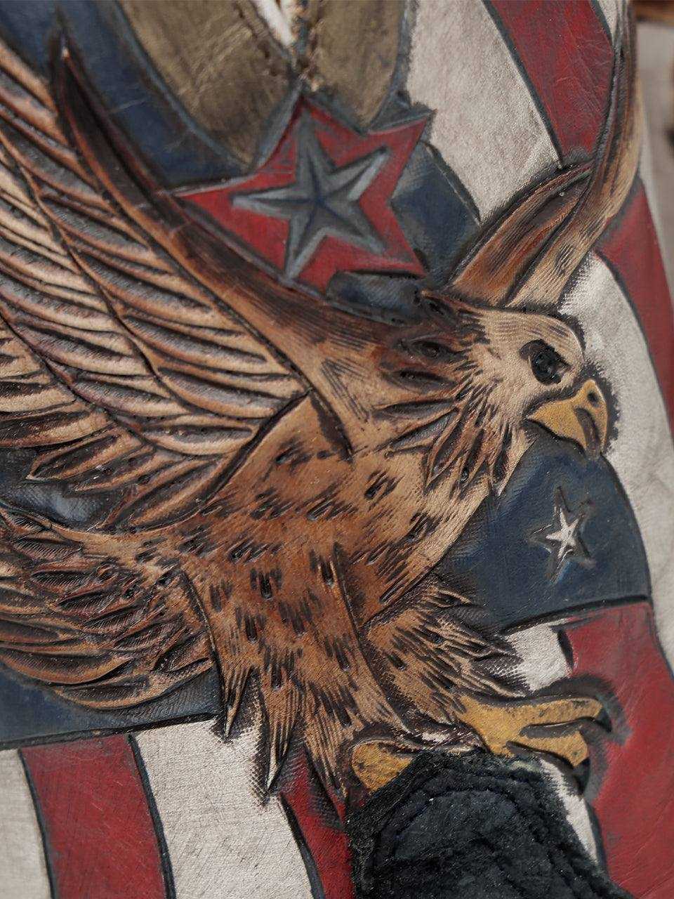 Men's Corral Boots blue cowhide shaft with detailed hand-tooled and hand-painted eagle and star design