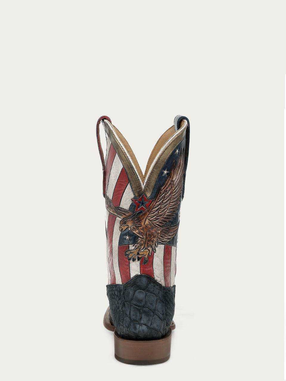 Men's Corral Boots with hand-painted eagle and American flag design, blue genuine alligator vamp, wide square toe