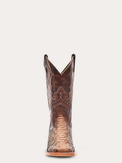 Men's Corral Boots in taupe genuine python leather with intricate shaft embroidery and wide square toe