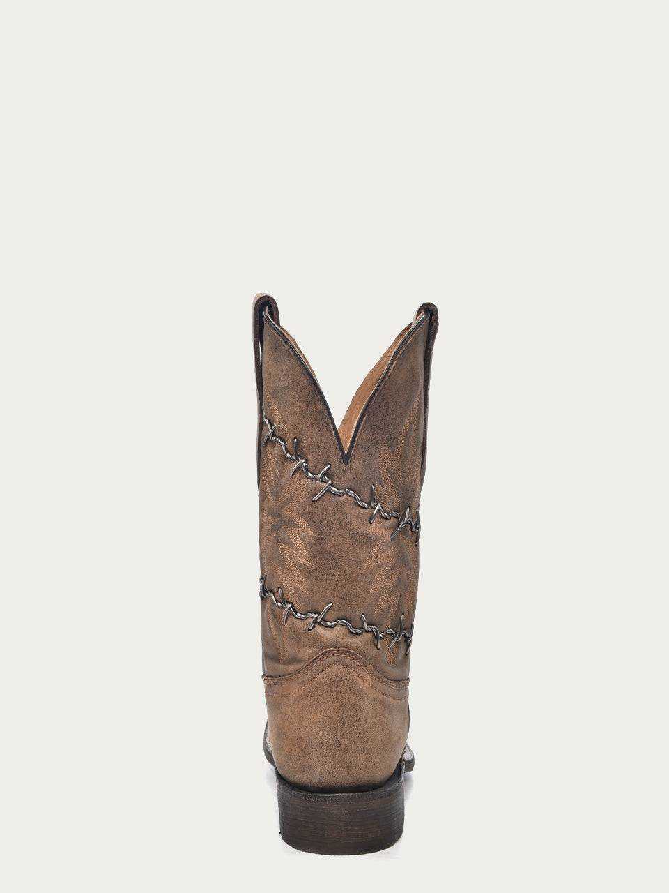 Men's Corral Brown Barbed Wire Boots in brown leather with grey barbed wire embroidery and 11.5-inch shaft, square toe and stacked heel