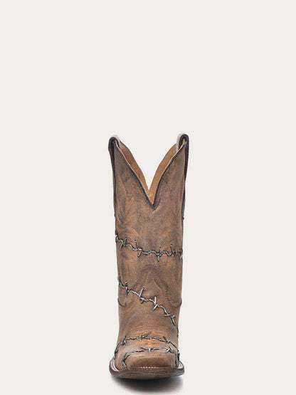 Men's Corral Brown Barbed Wire Boots in brown leather with grey barbed wire stitching, square toe, and pull-on straps