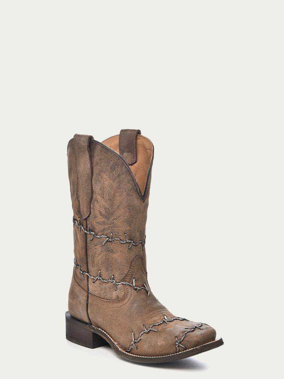 Men's Corral Brown Genuine Leather Boots with Barbed Wire