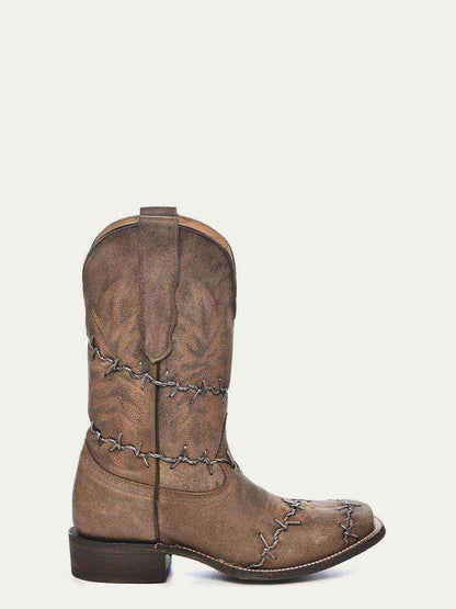Men's Corral brown barbed wire boots in genuine leather with square toe, 11.5-inch shaft, and grey barbed wire embroidery