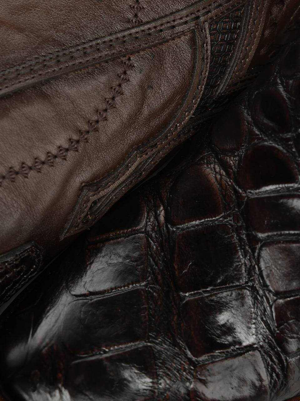 Men's Corral Brown Genuine American Alligator Boots with Inlay featuring rich brown alligator leather, intricate stitching, and woven details