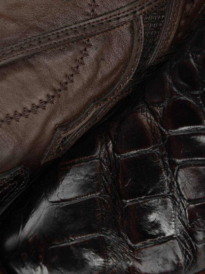 Men's Corral Brown Genuine American Alligator Boots with Inlay featuring rich brown alligator leather, intricate stitching, and woven details