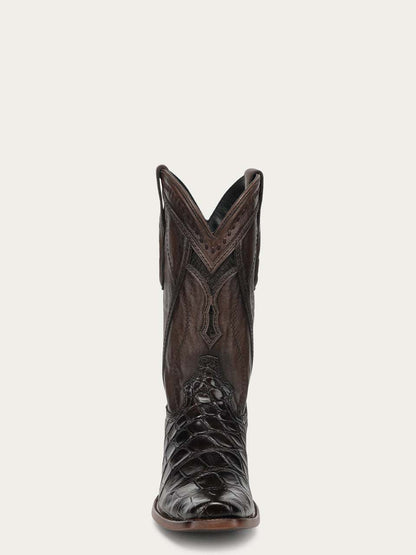 Men's Corral Brown Genuine American Alligator Boots with Inlay featuring dark brown alligator foot, lighter leather shaft with embroidery and woven patterns