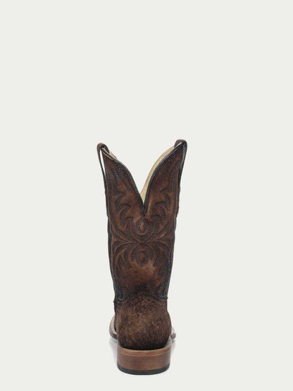 Men's Corral Brown Genuine Carpincho Boots with Embroidery featuring rich brown leather, detailed embroidery, pull-on straps, and wide square toe