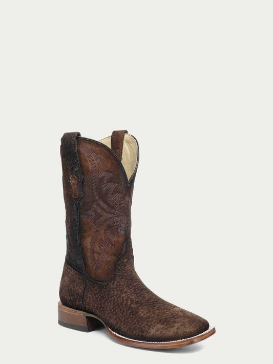 Men's Corral Brown Genuine Carpincho Boots with Embroidery featuring rich brown leather, Western embroidery, 11-inch shaft, pull-on straps, and wide square toe