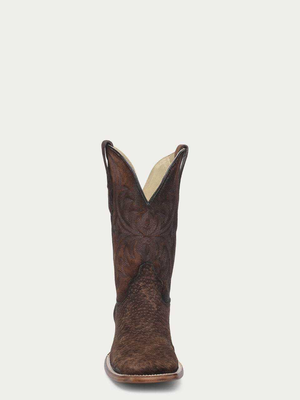 Men's Corral Brown Genuine Carpincho Boots with Embroidery featuring rich brown leather, wide square toe, and detailed Western embroidery