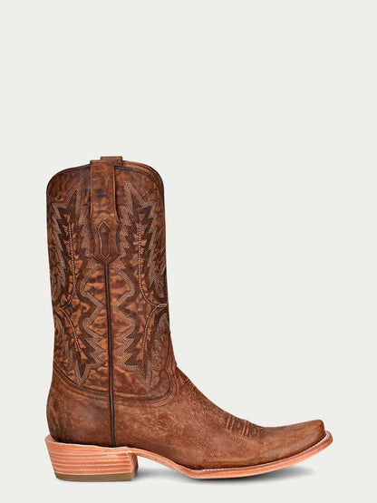 Men's Corral Brown Genuine Leather Boots with Embroidery, brown leather Western boot with ornate stitched shaft and square toe