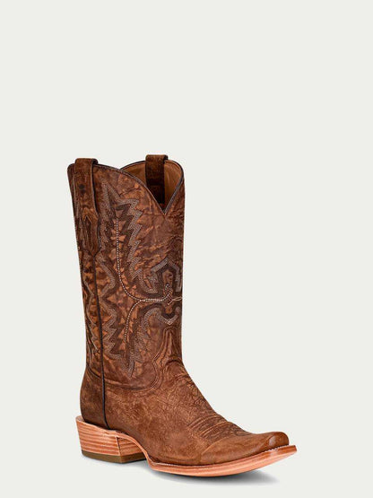 Men's Corral Brown Genuine Leather Boots with Embroidery in brown leather, featuring intricate stitched shaft details and a narrow pointed toe
