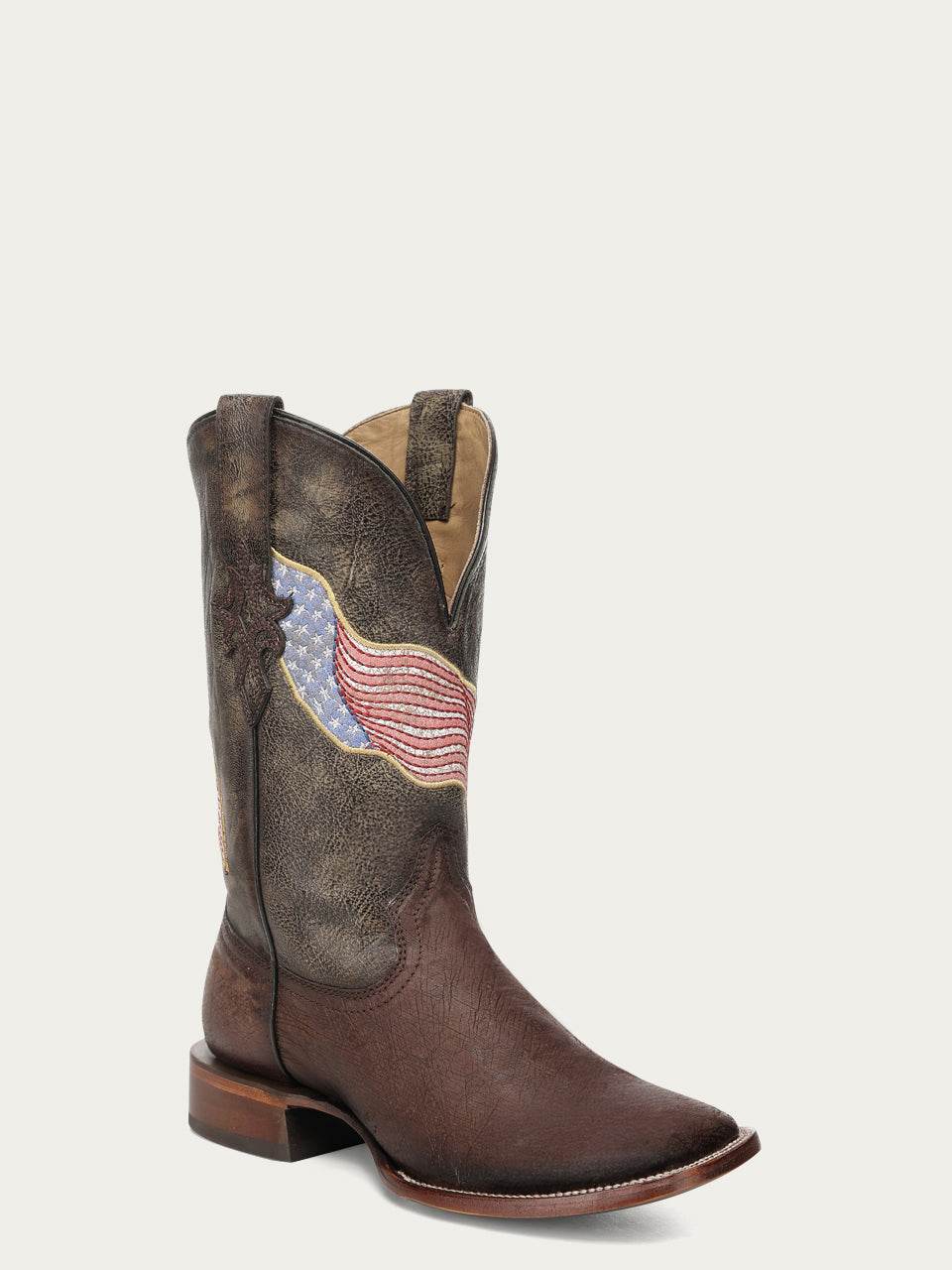 Men's Corral Brown Genuine Ostrich Boots with Patriotic Embroidery featuring rich brown leather, 12-inch shaft, and American flag stitching