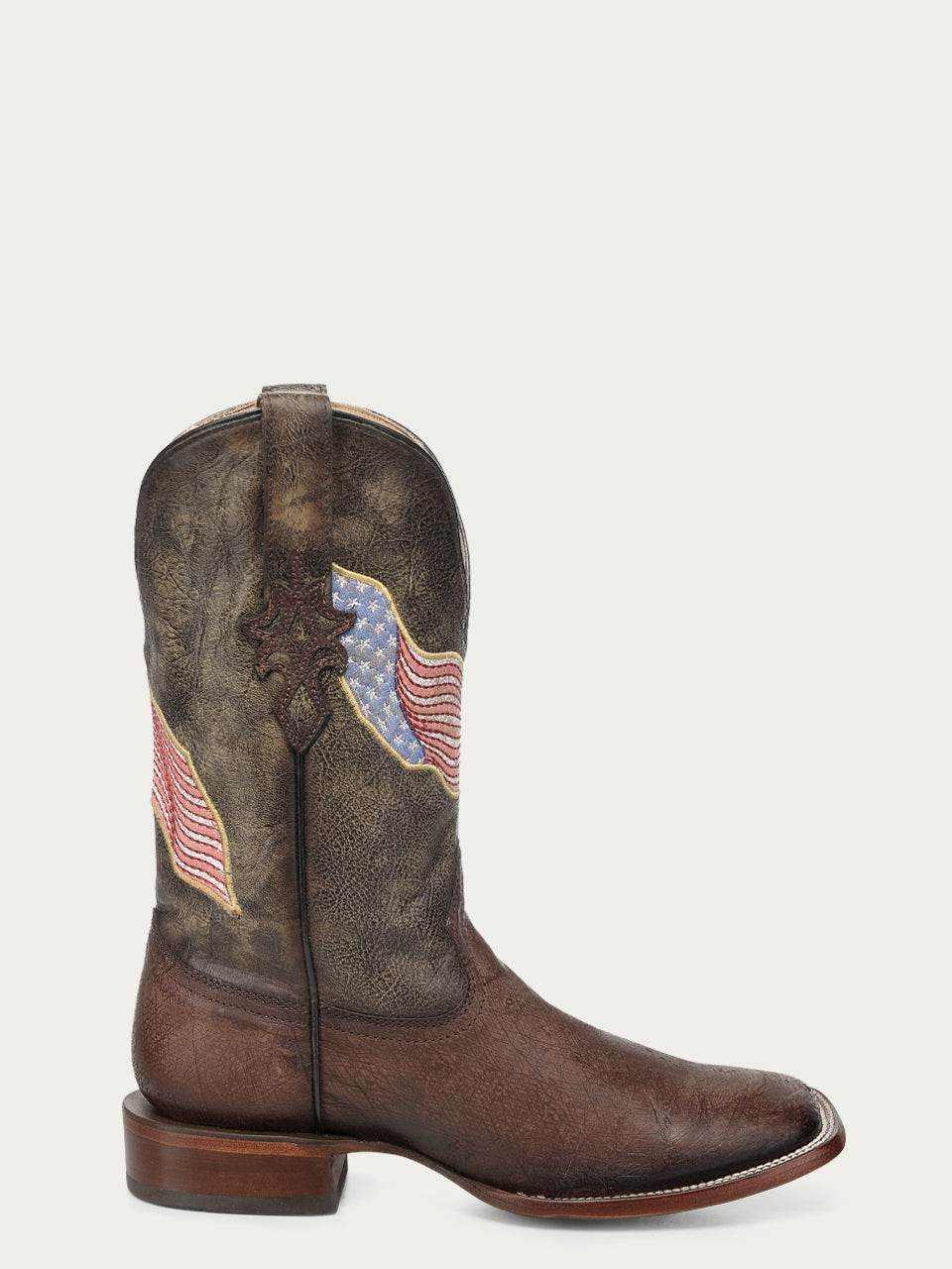 Men's Corral Brown Genuine Ostrich Boots with Patriotic Embroidery featuring brown belly ostrich leather, 12-inch shaft, flag embroidery, wide square toe, and 1.5-inch stacked heel