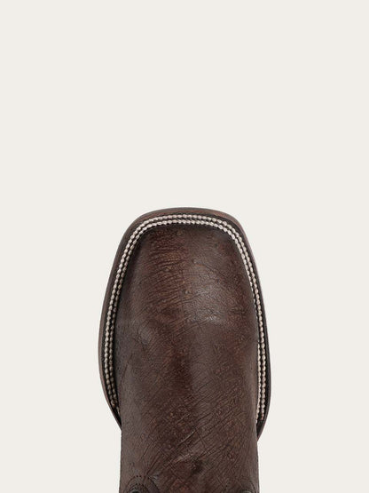 Men's Corral Brown Genuine Ostrich Boots with Patriotic Embroidery showing close-up of brown belly ostrich leather wide square toe with detailed stitching