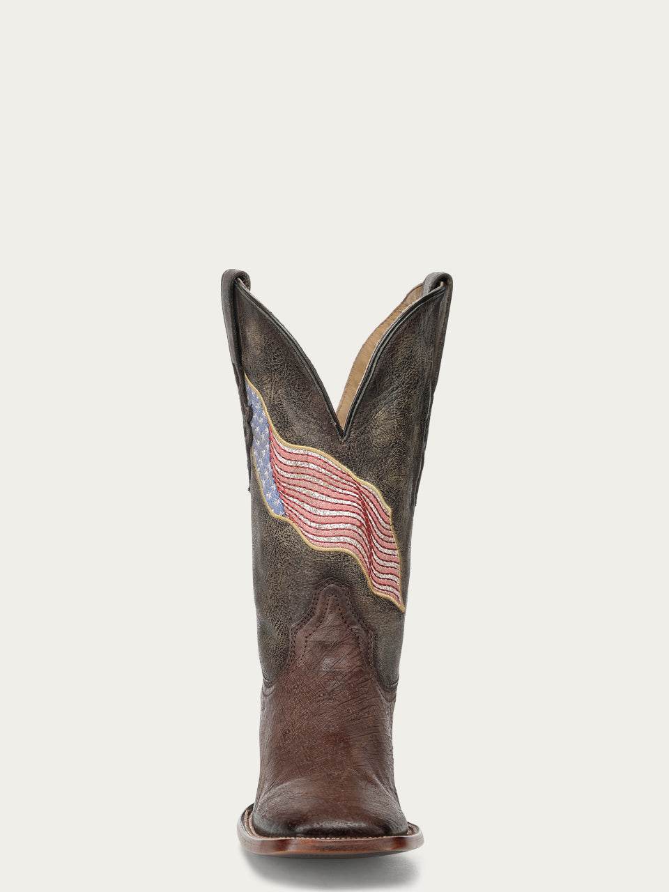 Men's Corral Brown Genuine Ostrich Boots with Patriotic Embroidery featuring brown belly ostrich leather and a 12-inch shaft with American flag embroidery