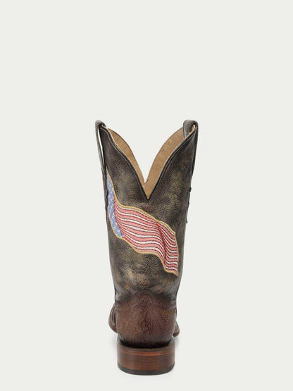 Men's Corral Brown Genuine Ostrich Boots with Patriotic Embroidery featuring brown belly ostrich leather and American flag detail on 12-inch shaft