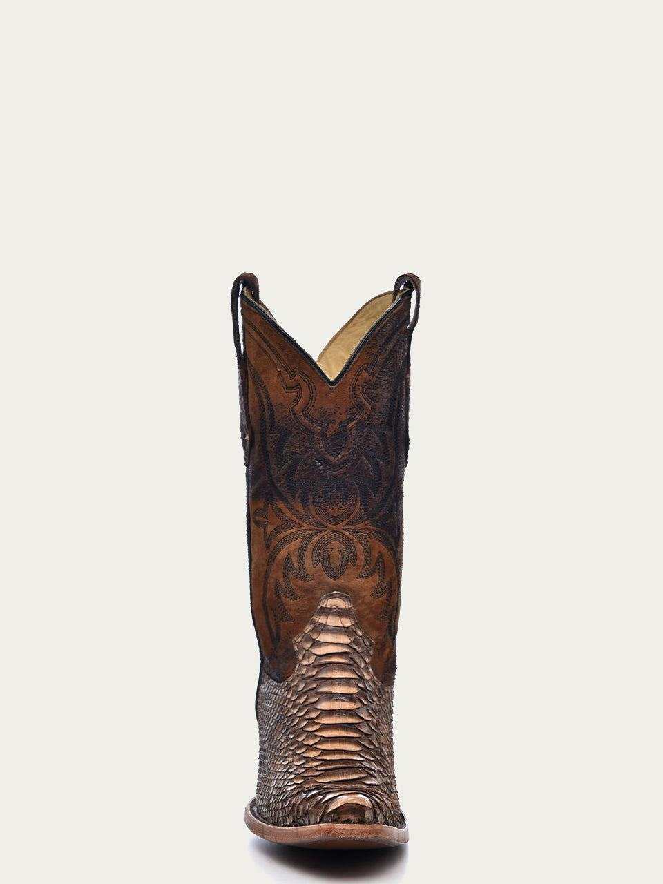 Men's Corral Brown western boot with genuine python vamp and embroidered brown lamb leather shaft