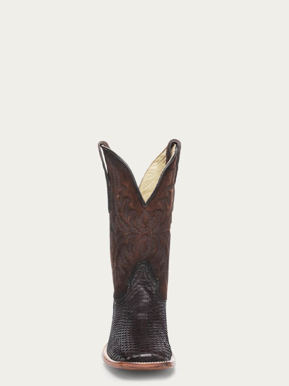 Men's Corral Brown Genuine Python Boots with Embroidery featuring brown python leather, classic Western embroidery, and a wide square toe