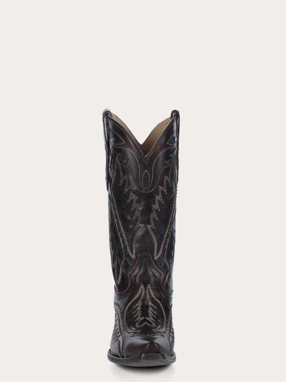 Men's Corral Brown Leather Boots featuring dark brown leather with intricate embroidery and woven detailing on the shaft