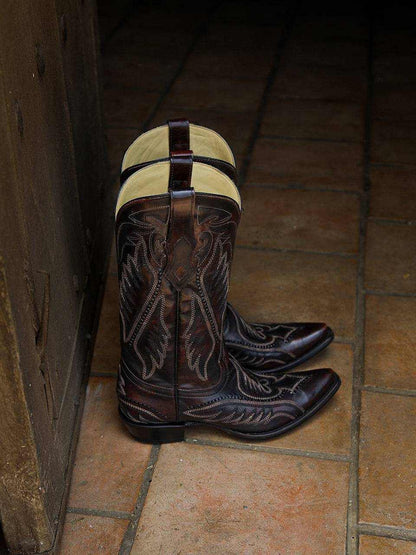 Men's Corral Brown Leather Boots with dark brown genuine leather, intricate woven detail and embroidery, snip toe and pull-on straps