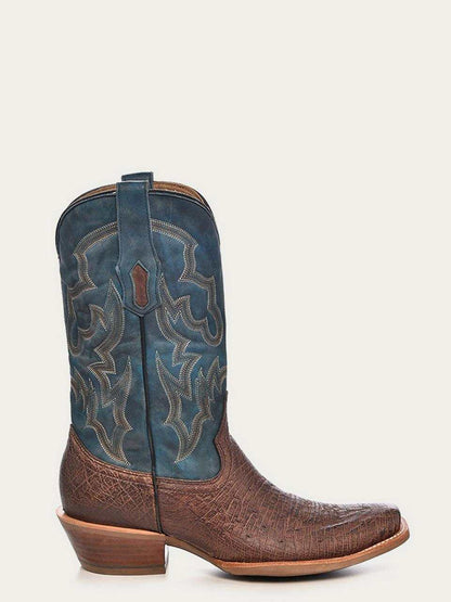 Men's Corral Brown Ostrich Boots featuring brown ostrich leather foot and blue embroidered shaft with narrow square toe