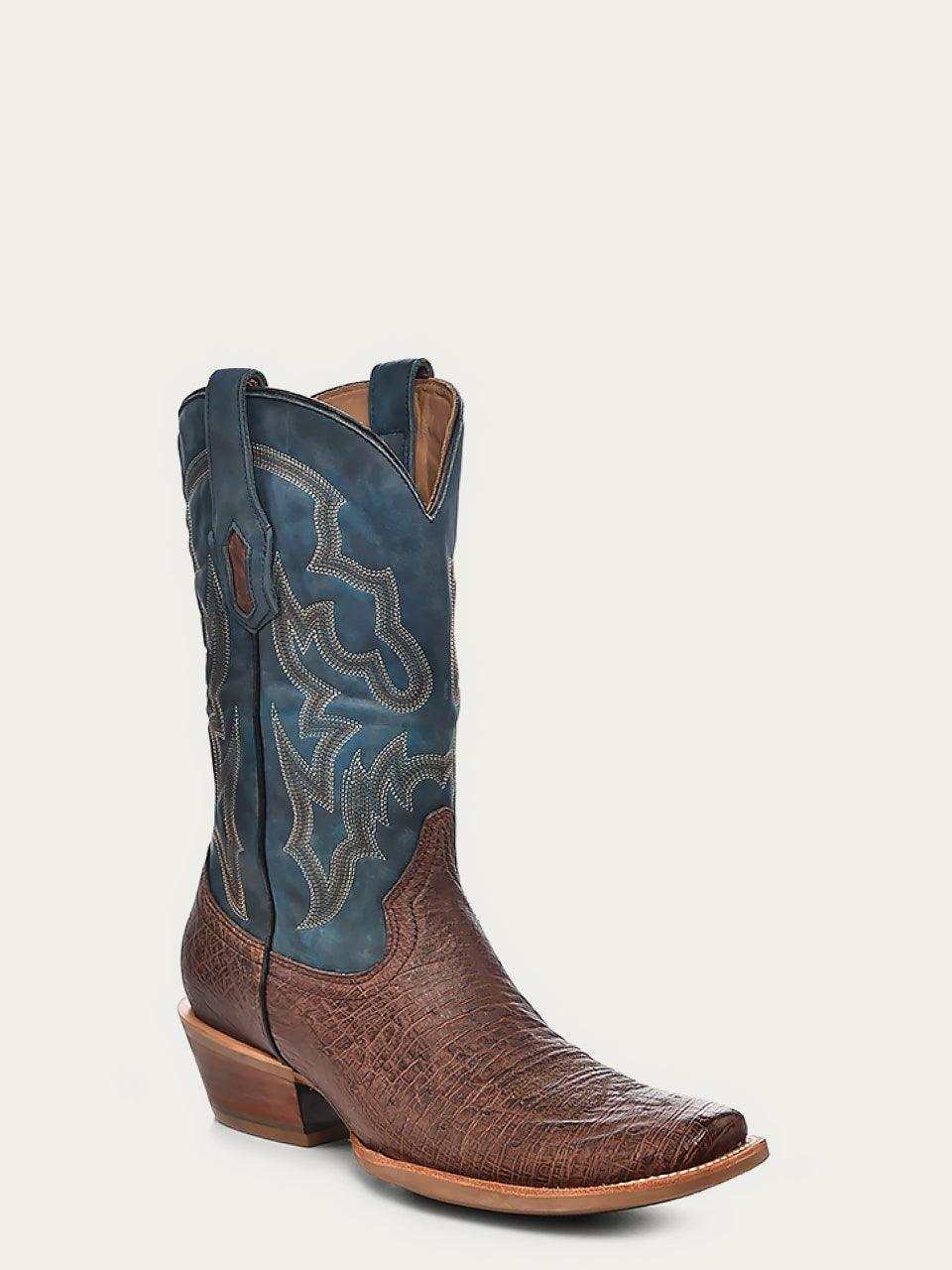 Men's Corral Brown Ostrich Boots with brown ostrich leather foot, blue embroidered shaft, and narrow square horseman toe