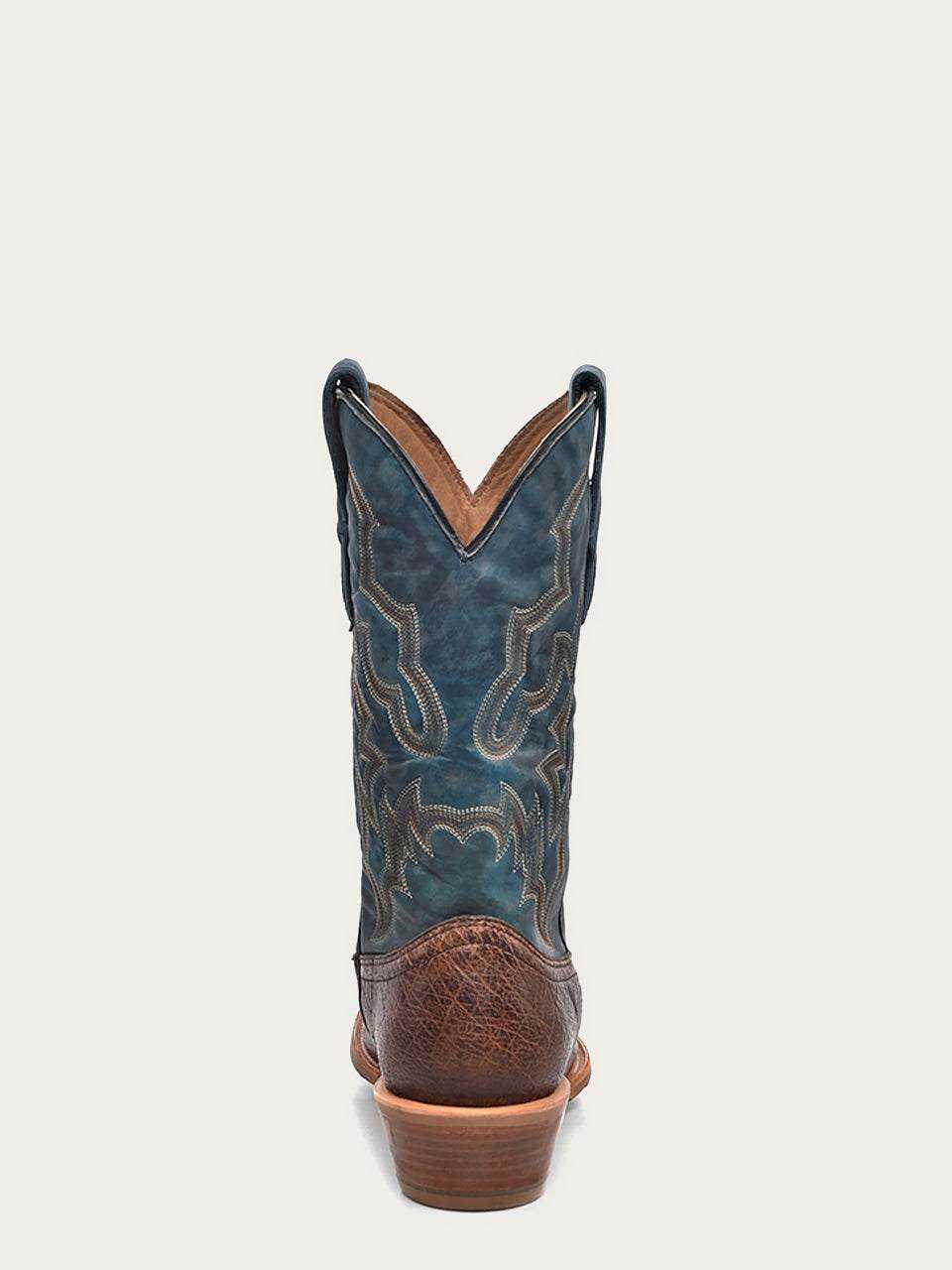 Men's Corral Brown Ostrich Boots featuring brown genuine ostrich leather foot and blue shaft with navy embroidery and pull straps