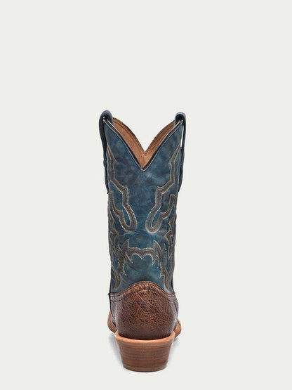 Men's Corral Brown Ostrich Boots featuring brown genuine ostrich leather foot and blue shaft with navy embroidery and pull straps